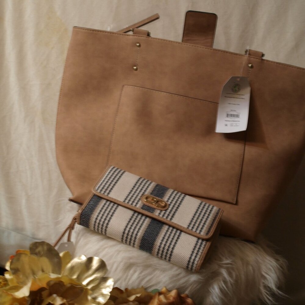 NEW 2-Pack Tan Large PURSE With Blue, White, Brown Stripped WALLET